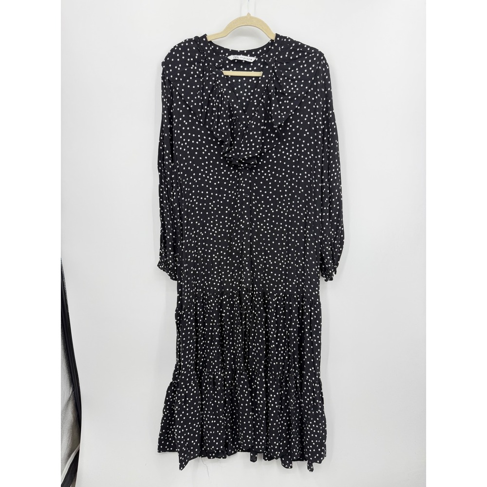 Zara Polka Dot Ruffle Tiered Midi Dress Womens‎ Size M Black White Long Sleeve